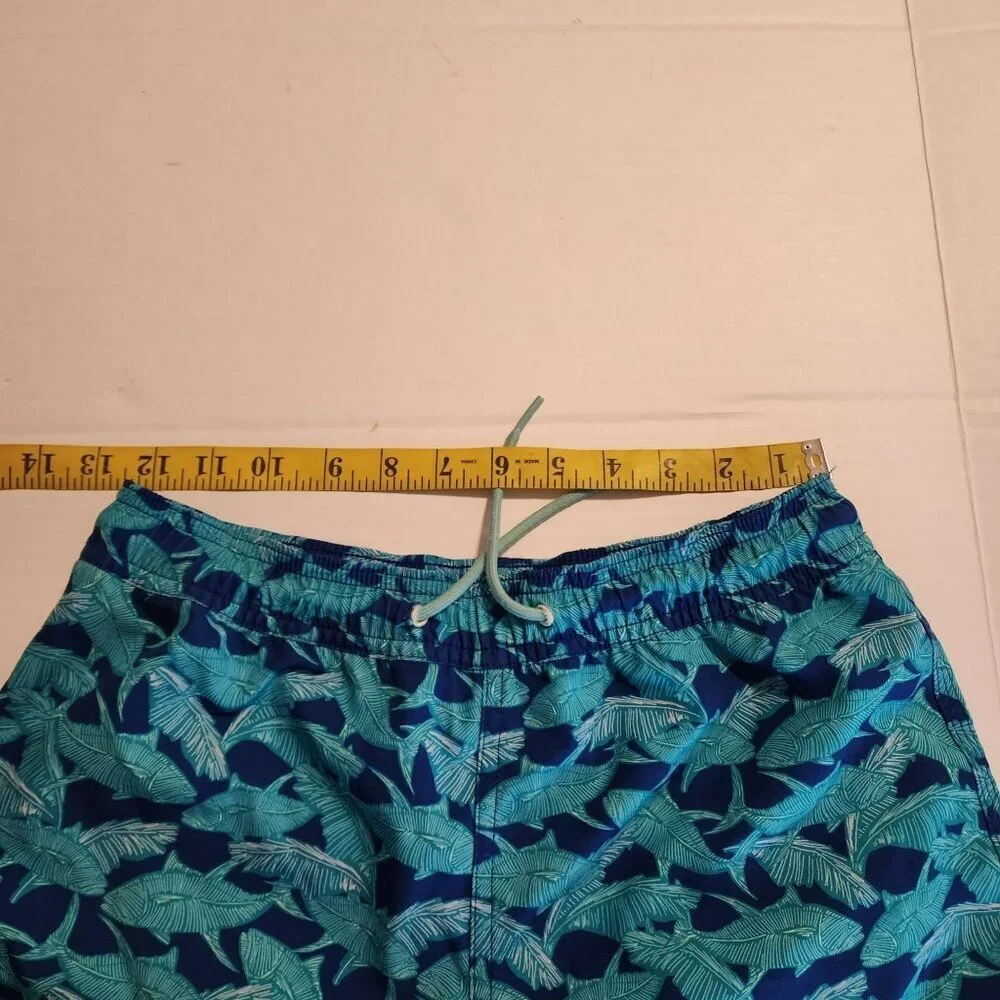Vineyard Vines Boy M Blue Tropical Leaf Swim Trunks  Elastic Waist Drawstring